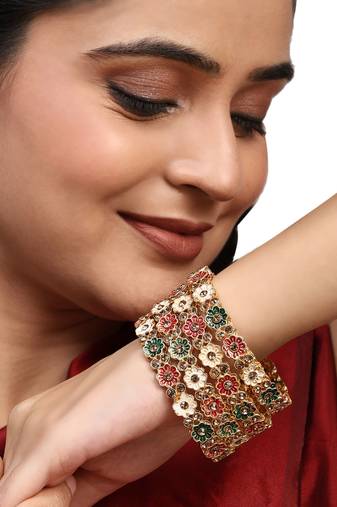 Festive Gold plated Bangles with Enamelled and Stone Embellishments