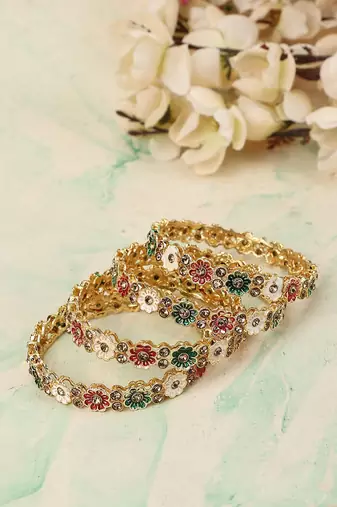 Festive Gold plated Bangles with Enamelled and Stone Embellishments