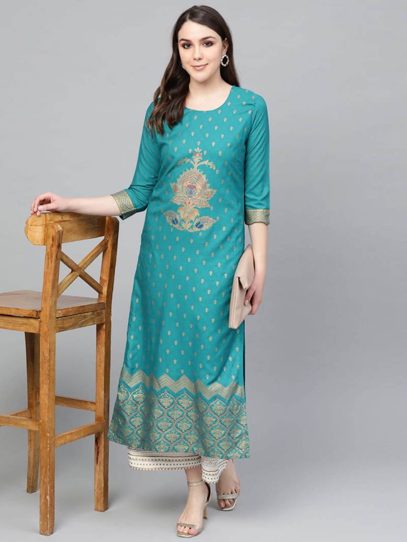 Aaryahi women rayon team printed straight kurta with palazzo set
