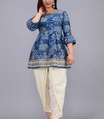 Aaryahi women cotton blue & white printed anarkali tops with dhoti pant set