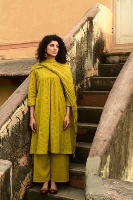 Aaravi dyed schiffli mustard yellow suit set 1
