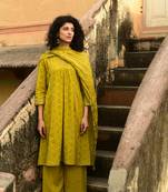 Aaravi dyed schiffli mustard yellow suit set