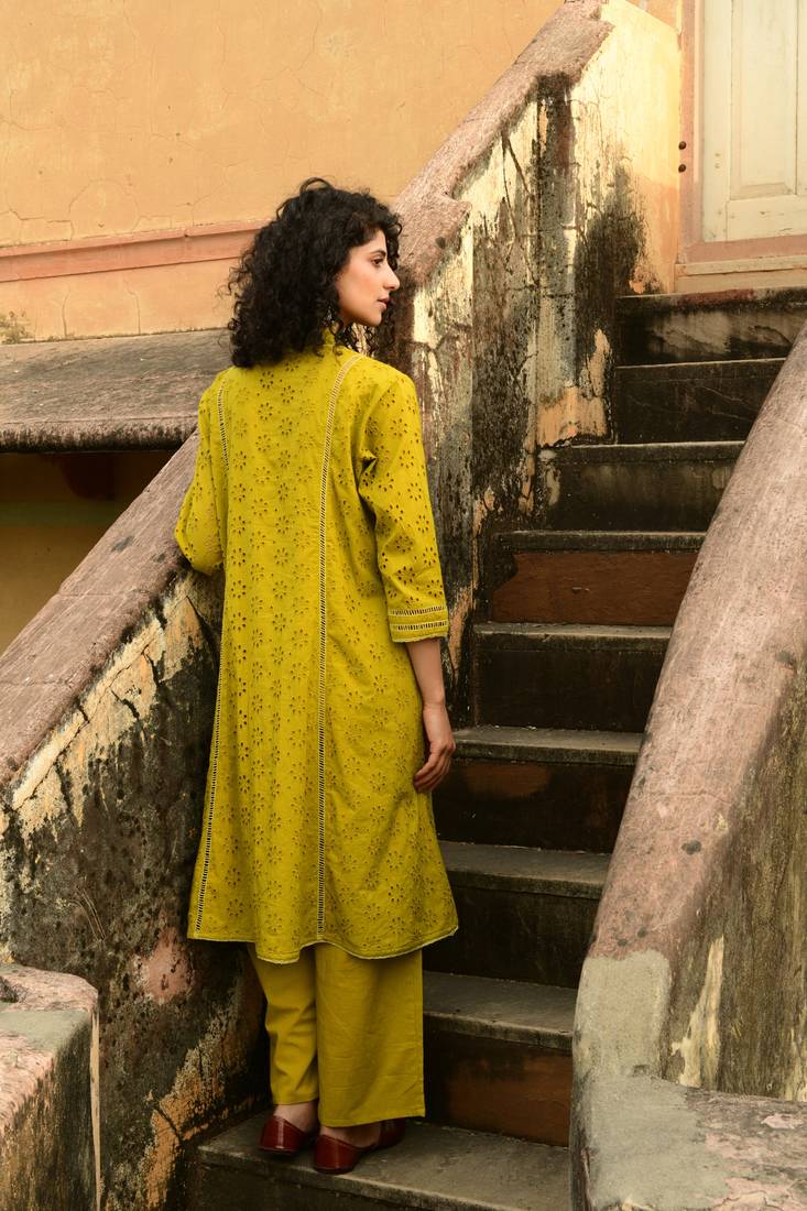 Aaravi dyed schiffli mustard yellow suit set