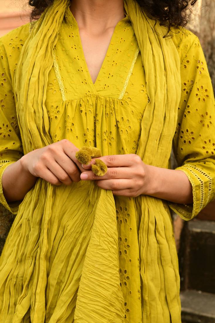 Aaravi dyed schiffli mustard yellow suit set