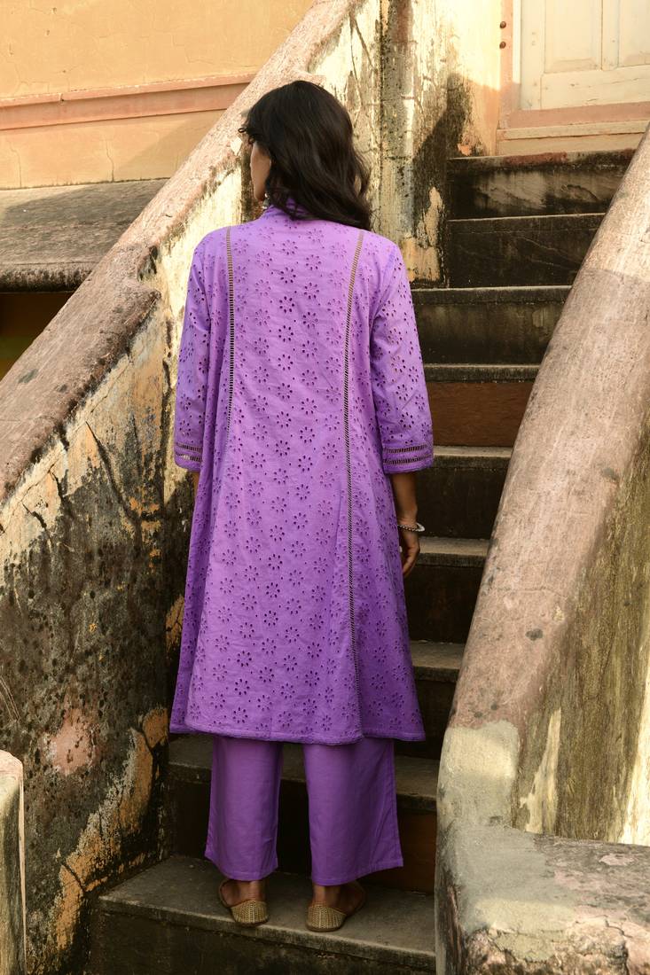 Aaravi dyed schiffli lilac suit set