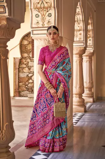 Elora ethnic wear printed patola silk saree (cerulean blue)