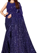 Navy Blue Georgette Sequenced Embriodered Saree With Blouse Piece.
