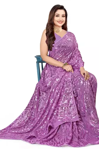 Lavender Georgette Sequin Embellished Saree
