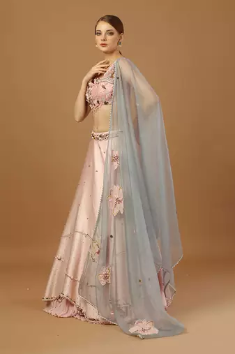 Baby Pink Lehenga Set With Asymmetrical Blouse