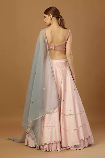 Baby Pink Lehenga Set With Asymmetrical Blouse
