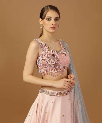 Baby Pink Lehenga Set With Asymmetrical Blouse 4