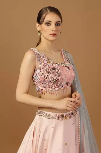 Baby Pink Lehenga Set With Asymmetrical Blouse