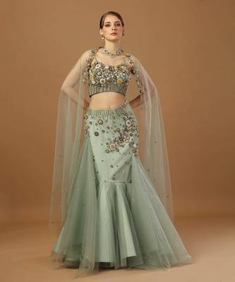 Aqua Green Fish Cut Lehenga Set 1