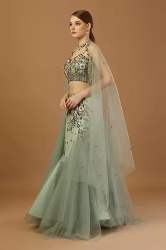Aqua Green Fish Cut Lehenga Set