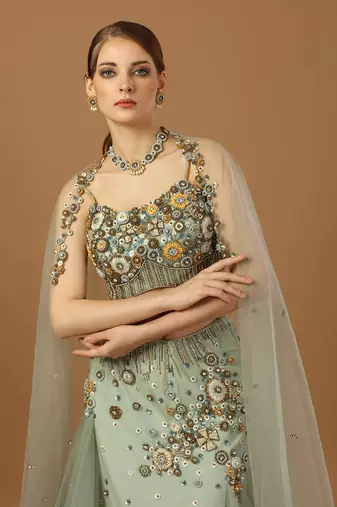 Aqua Green Fish Cut Lehenga Set