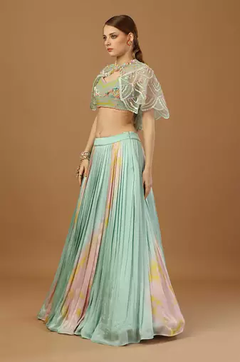 Aqua Tye Dye Lehenga Set with Cape
