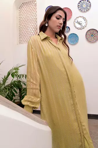 Pistavi  zari textured shirt dress
