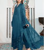 Teal green pakistani semi stitched suit with embroidery work