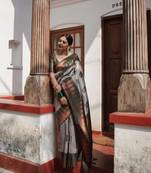Grey woven Faux kanchipuram silk saree with blouse