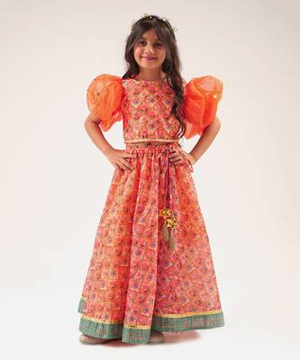 Raangoli girls orange lehanga with choli 1