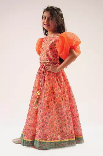 Raangoli girls orange lehanga with choli