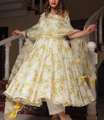 Womens Yellow Flower Gown With Dupatta Set