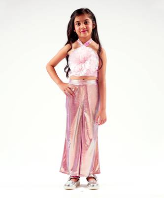 Lil drama's barbie pink shimmer pant ballerina co-ord set for girls 1