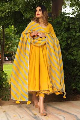 Womens Rosemary Yellow Reyon Gowns With Dupatta Set 1