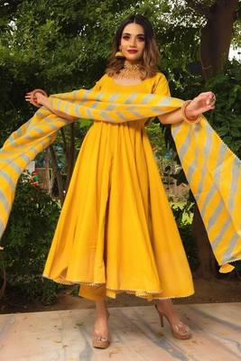 Womens Rosemary Yellow Reyon Gowns With Dupatta Set 7