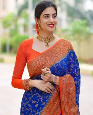 BLUE WOVEN Faux Faux Kanjivaram SILK SAREE WITH BLOUSE PIECE 1