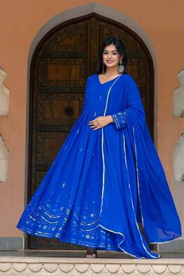 New Blue Georgette Embroidered And Mirror Work Gown With Dupatta Set 1