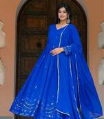 New Blue Georgette Embroidered And Mirror Work Gown With Dupatta Set