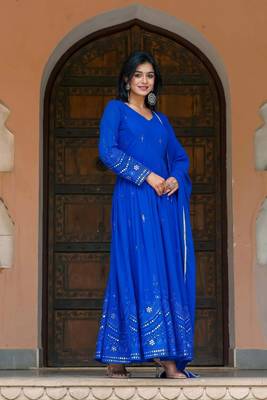 New Blue Georgette Embroidered And Mirror Work Gown With Dupatta Set 2