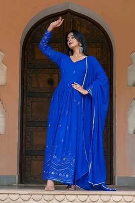 New Blue Georgette Embroidered And Mirror Work Gown With Dupatta Set 3