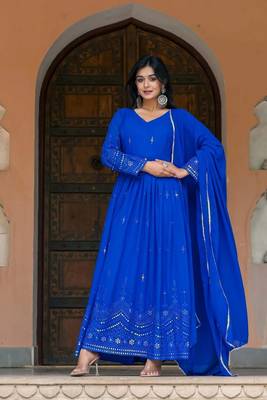 New Blue Georgette Embroidered And Mirror Work Gown With Dupatta Set 4