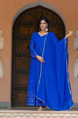 New Blue Georgette Embroidered And Mirror Work Gown With Dupatta Set 5