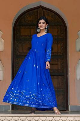 New Blue Georgette Embroidered And Mirror Work Gown With Dupatta Set 6
