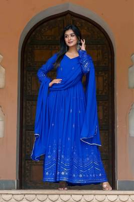 New Blue Georgette Embroidered And Mirror Work Gown With Dupatta Set 7