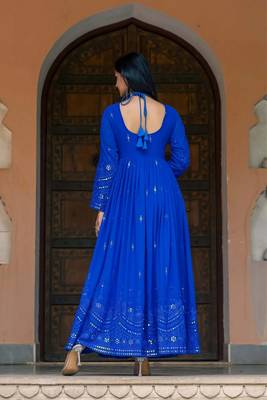 New Blue Georgette Embroidered And Mirror Work Gown With Dupatta Set 8