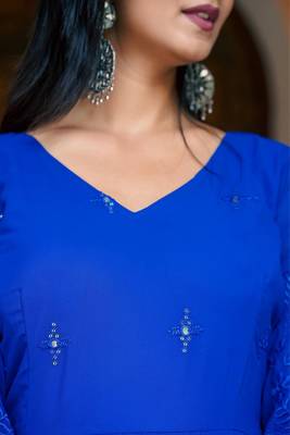 New Blue Georgette Embroidered And Mirror Work Gown With Dupatta Set 9