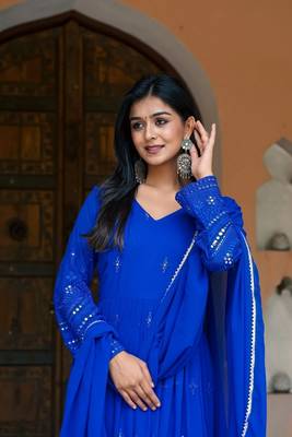 New Blue Georgette Embroidered And Mirror Work Gown With Dupatta Set 10