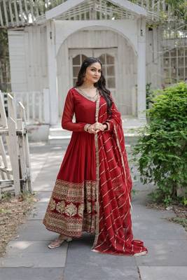 Maroon Faux Georgette Embroidered V- Neck Traditional Full Sleeve Kurtis 1