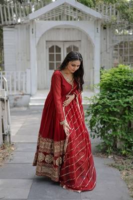 Maroon Faux Georgette Embroidered V- Neck Traditional Full Sleeve Kurtis 2