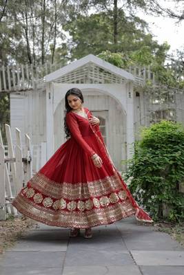 Maroon Faux Georgette Embroidered V- Neck Traditional Full Sleeve Kurtis 3