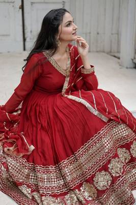 Maroon Faux Georgette Embroidered V- Neck Traditional Full Sleeve Kurtis 5