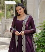 Tiered Stylish Wine Color Women Gown With Dupatta Set