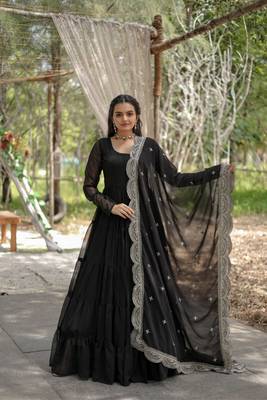 Tiered Stylish Black Color Women Gown With Dupatta Set 5
