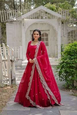 Hot Pink Faux Georgette Anarkali Suit Silver Sequin Embroidery 1
