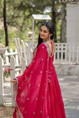 Hot Pink Faux Georgette Anarkali Suit Silver Sequin Embroidery 5