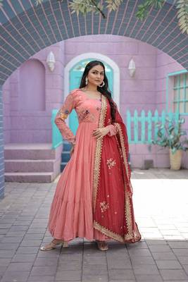 New Peach Color Flower Designer Tiered Embroidered Threadwork Women Gown 1